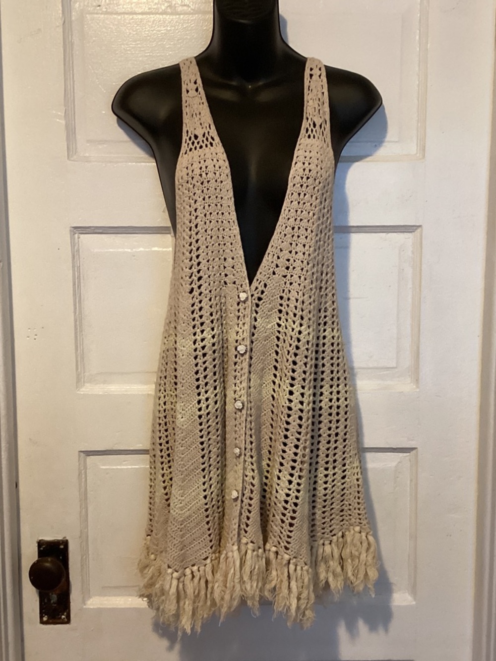 Free People Open Crochet Halter Dress in Cream